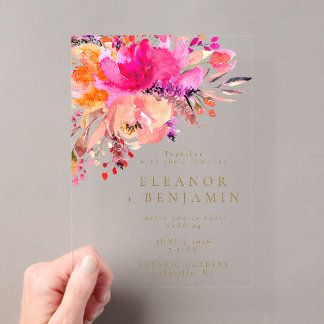 Elegant Bright Pink Watercolor Floral Wedding Acrylic Invitations