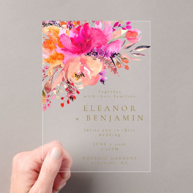 Elegant Bright Pink Watercolor Floral Wedding Acrylic Invitations (Insitu (Handheld))