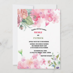 Elegant Bright Pink Watercolor Floral Wedding  Invitation