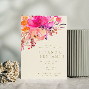 Elegant Bright Pink Watercolor Floral Wedding Invitation