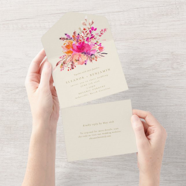 Elegant Bright Pink Watercolor Flowers Wedding All In One Invitation (Tearaway)