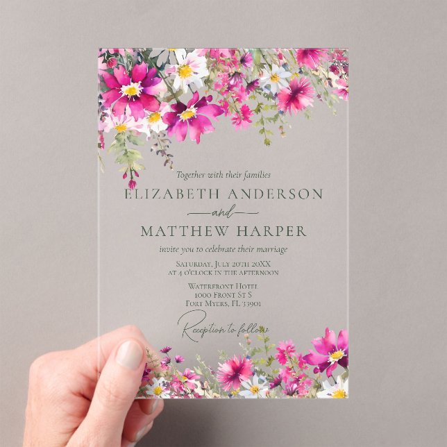 Elegant Bright Pink Wildflowers Floral Wedding Acrylic Invitations (Insitu (Handheld))