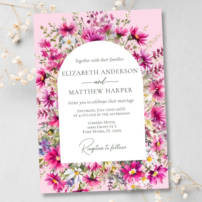 Elegant Bright Pink Wildflowers Floral Wedding Invitation (Creator Uploaded)