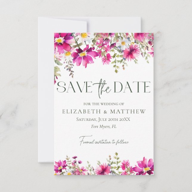 Elegant Bright Pink Wildflowers Photo Wedding Save The Date (Front)
