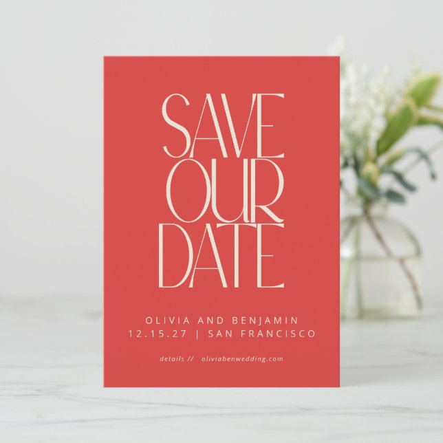 Elegant Bright Red Mid Century Modern Typography Save The Date (Standing Front)