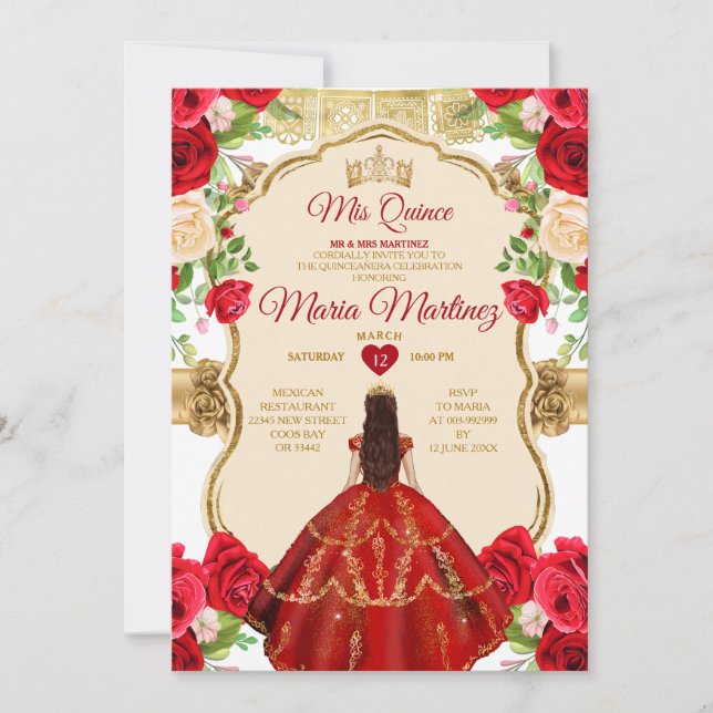 Elegant Bright Red Roses Princess Quinceañera Invitation (Front)