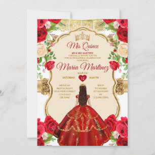 Elegant Bright Red Roses Princess Quinceañera Invitation