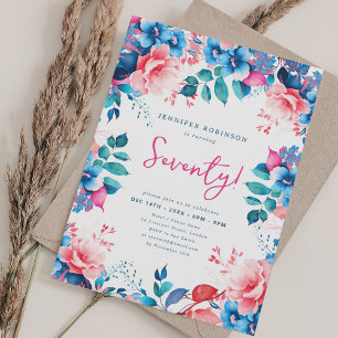 Elegant Bright Watercolor Floral 70th Birthday Invitation