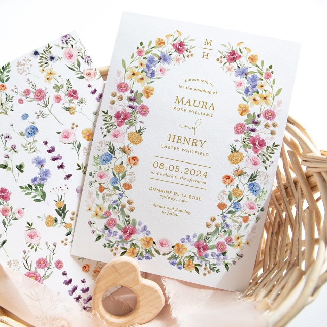 Elegant Bright Wildflower Wreath Garden Wedding Invitation (Creator Uploaded)