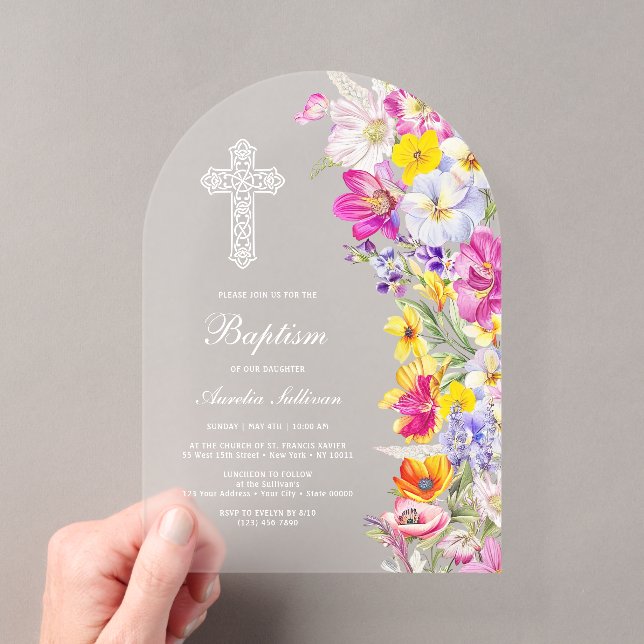 Elegant Bright Wildflowers Arch Baptism Acrylic Invitations (Insitu (Handheld))