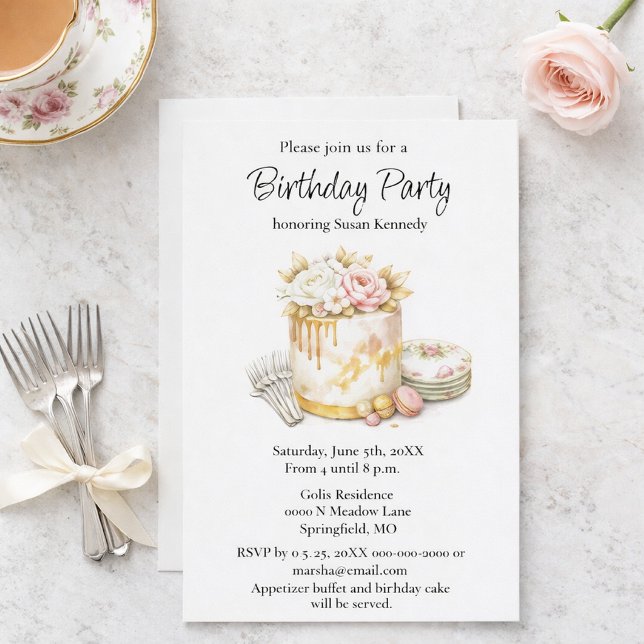Elegant Brithday Blush Rose & Gold Cake  Invitation (Elegant watercolor birthday invitation with gold drip cake, floral china, perfect for parties.)