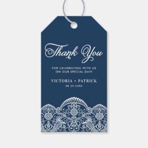 Elegant Brocade Lace Blue Wedding Thank You Gift Tags
