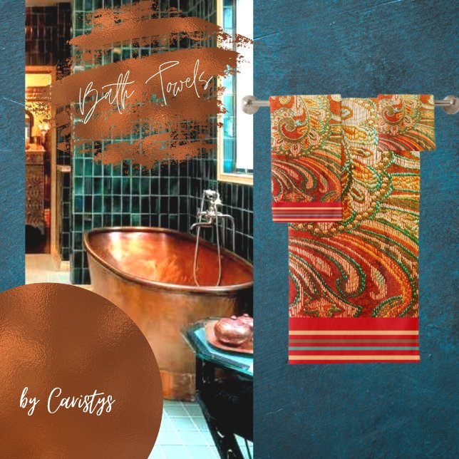 Elegant Brocade Red Orange Yellow  Bath Towel Set (Creator Uploaded)