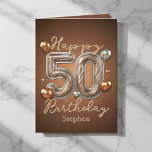 Elegant Bronze and Silver Balloons 50th Birthday Card<br><div class="desc">Turning 50 is a golden milestone, and this customisable greeting card is the perfect way to honour it with elegance and heart. Featuring a luxurious bronze background, this design sparkles with festive balloons and shimmering accents that radiate celebration. The bold, striped '50' at the centre—crafted in dazzling silver and gold—stands...</div>
