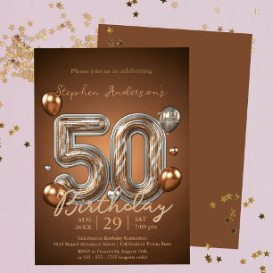 Elegant Bronze and Silver Balloons 50th Birthday Invitation