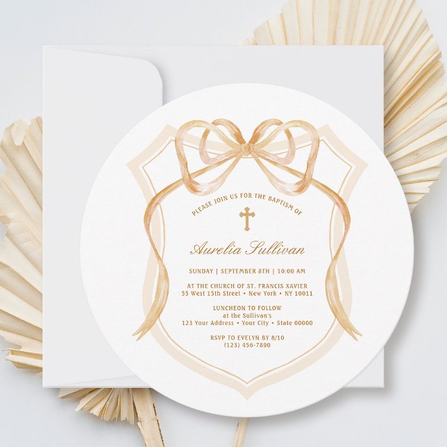 Elegant Bronze Bow Crest Baptism Invitation (Creator Uploaded)
