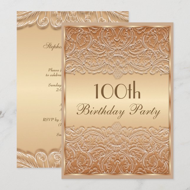 Elegant Bronze French Lace 100th Birthday Invitation (Front/Back)