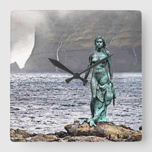 elegant bronze mermaid statue square wall clock