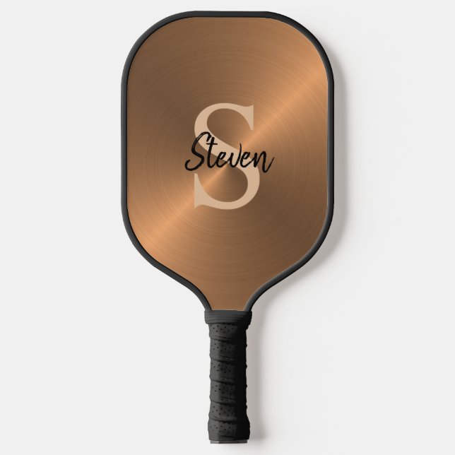 Elegant Bronze Metallic Monogram Name Mens Pickleball Paddle (Front)