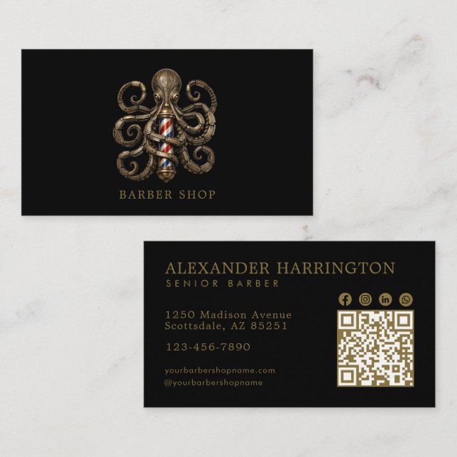 Elegant Bronze Octopus Barber Shop Qr Code Business Card (Front/Back)