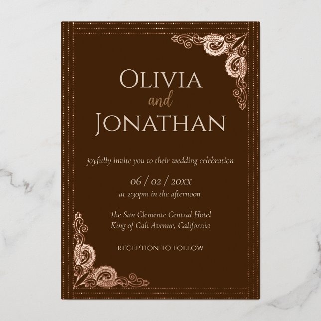 Elegant Bronze ornate Wedding Foil Invitation (Front)