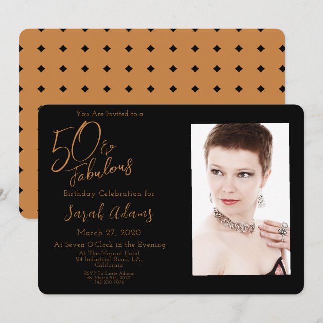 Elegant Brown 50 & Fabulous Birthday Party Photo Invitation (Front/Back)