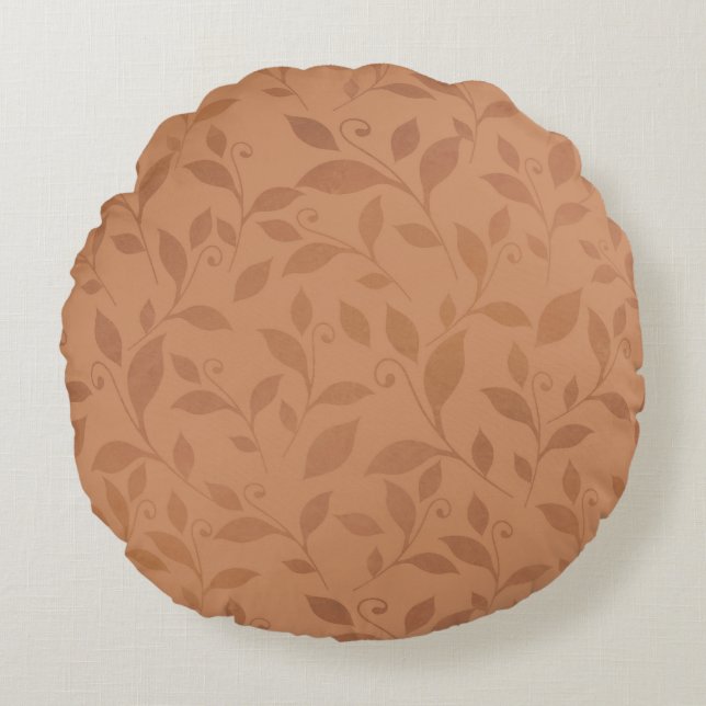 Elegant Brown Abstract Autumn Leaves Pattern Round Cushion (Front)