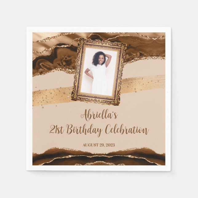 Elegant Brown Agate Photo Invitation Napkin (Front)
