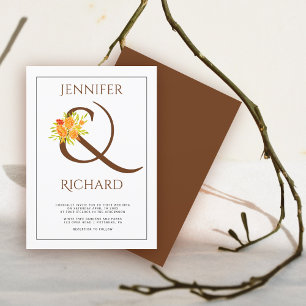 Elegant brown ampersand, orange roses fall wedding invitation