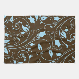 Elegant Brown and Baby Blue Floral Pattern Tea Towel
