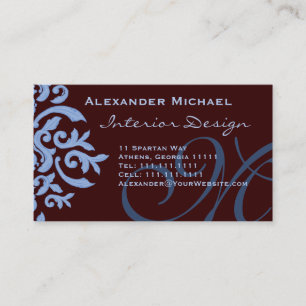 Elegant Brown and Blue Damask Fancy Designer Business Card