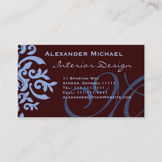 Elegant Brown and Blue Damask Fancy Designer Business Card (Front)