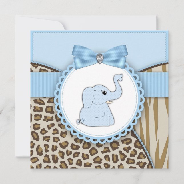 Elegant Brown and Blue Elephant Baby Shower Invitation (Front)