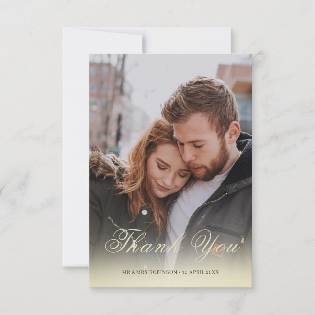 Elegant Brown and Gold Overlay Script Wedding Thank You Card (Front)