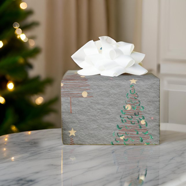 Elegant Brown and Green Christmas Trees Steel Grey Wrapping Paper (Creator Uploaded)