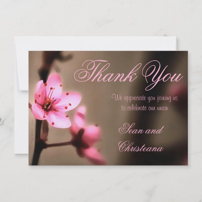 Elegant Brown and Pink Japanese Cherry Blossom Thank You Card (Front)