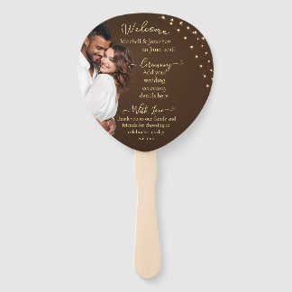 Elegant Brown and String Lights Wedding Program Hand Fan