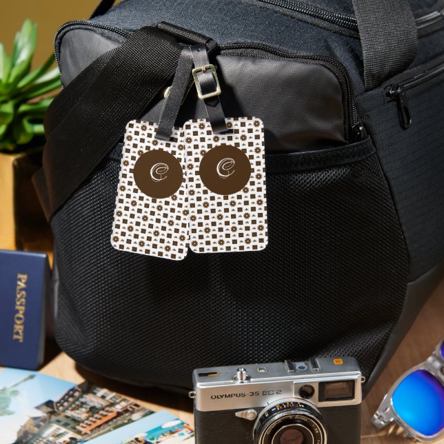 Elegant Brown and White Chequered Pattern Luggage Tag (Front & Back)