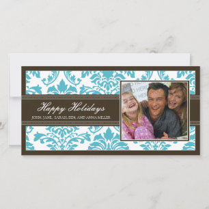 Elegant Brown & Aqua Damask Custom Happy Holidays Holiday Card