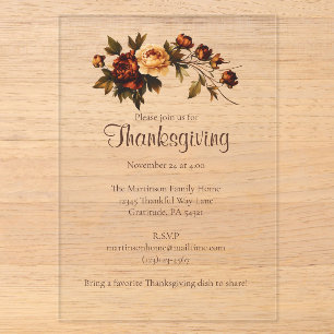 Elegant Brown Autumn Flowers Floral Thanksgiving Acrylic Invitations