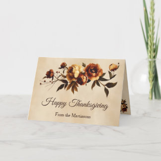Elegant Brown Autumn Roses Floral Thanksgiving Holiday Card