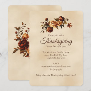 Elegant Brown Autumn Roses Floral Thanksgiving Invitation