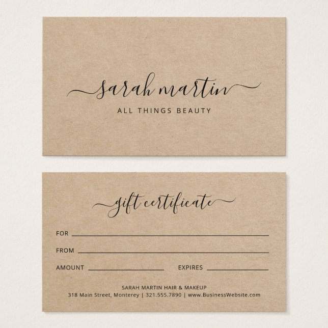 Elegant Brown Beauty Salon Gift Certificate (Front & Back)