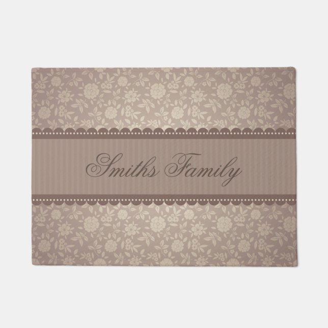 Elegant Brown Beige Floral Customised Text Doormat (Front)