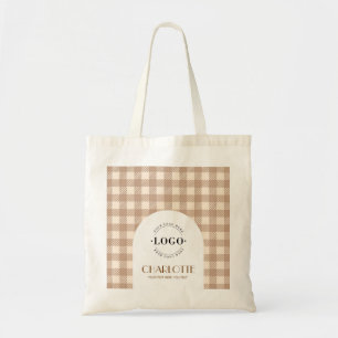 Elegant brown beige Gingham preppy Logo Business Tote Bag