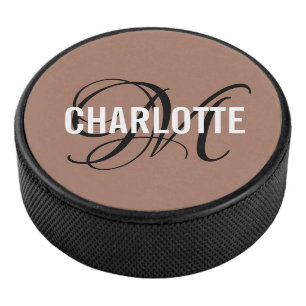 Elegant brown black monogram name hockey puck