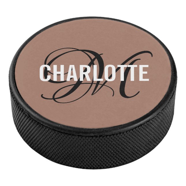 Elegant brown black monogram name hockey puck (3/4)