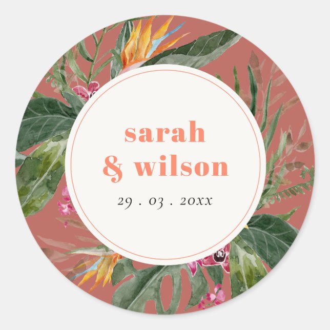 Elegant Brown Blush Boho Tropical Floral Wedding Classic Round Sticker (Front)