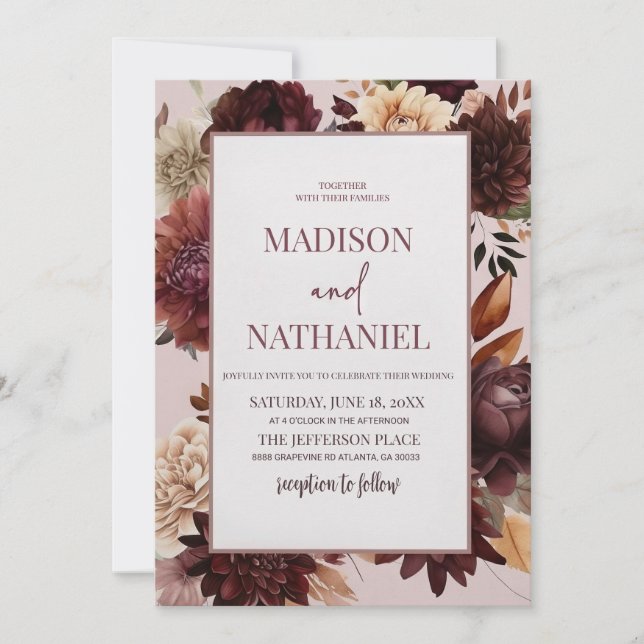 Elegant Brown Burgundy Floral Wedding Invitation  (Front)