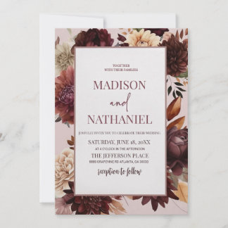 Elegant Brown Burgundy Floral Wedding Invitation